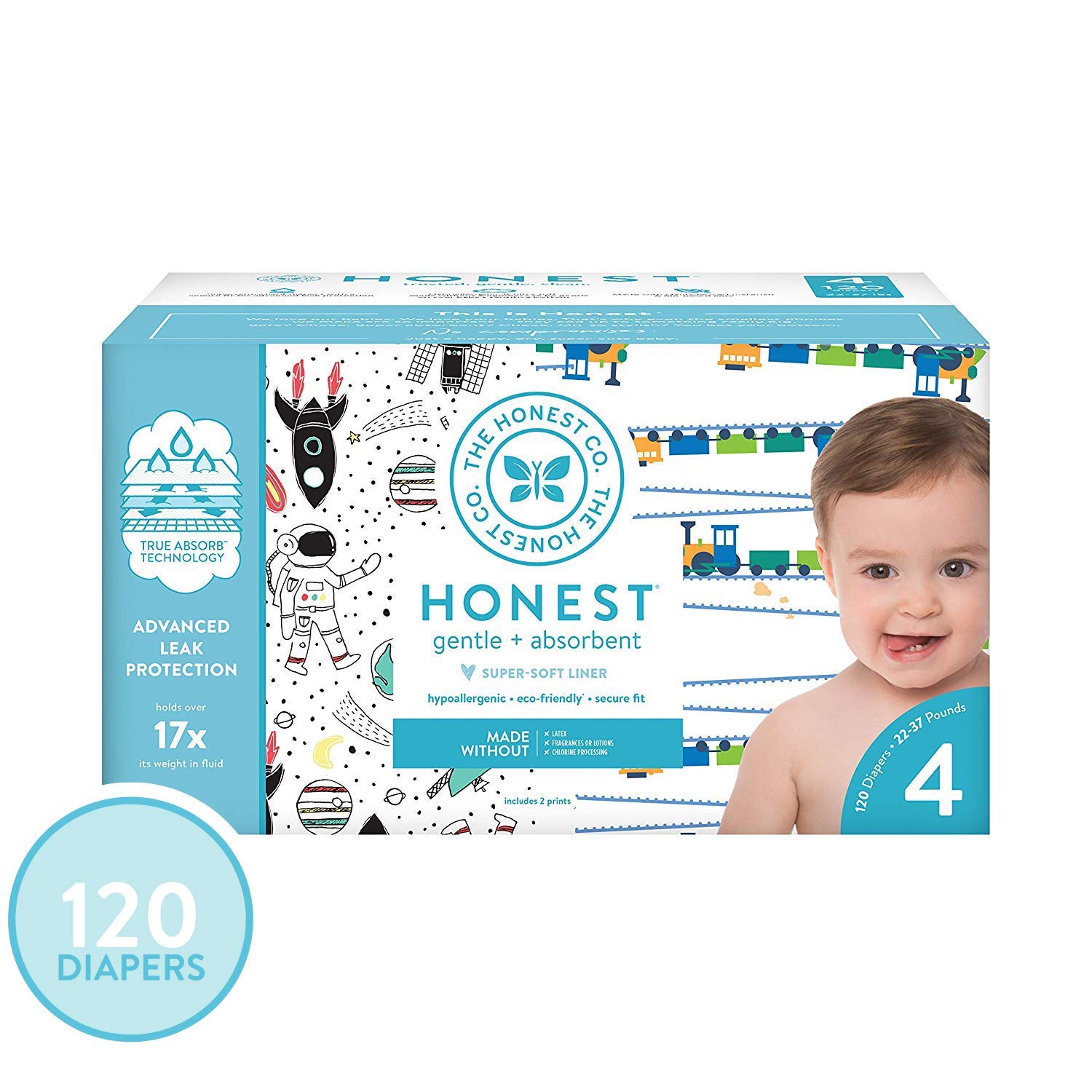 The Honest Company Super Club Box Diapers - Size 4 - Space Travel & Trains Print | TrueAbsorb Technology | Plant-Derived Materials | Hypoallergenic | 120 Count