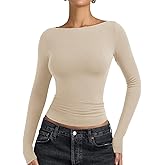 PINKMSTYLE Womens Boat Neck Basic Long Sleeve Tops Slim Fit Business Casual Going Out Top