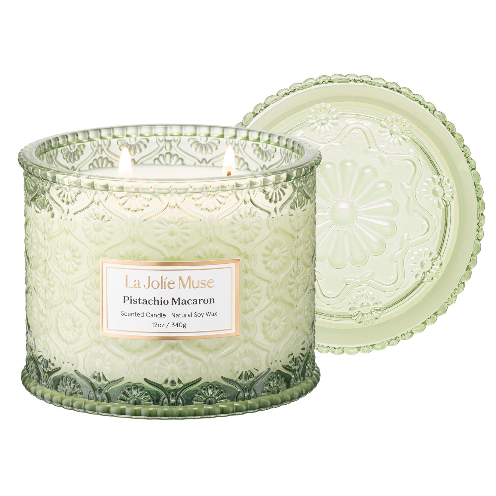 LA Jolie Muse Pistachio Macaron Scented Candle –Pistachio, Milk & Vanilla | 12 oz Fall Candle | Large Double Wick Soy Candle | Natural Soy Wax | 60 Hours Clean Burn | Home Décor