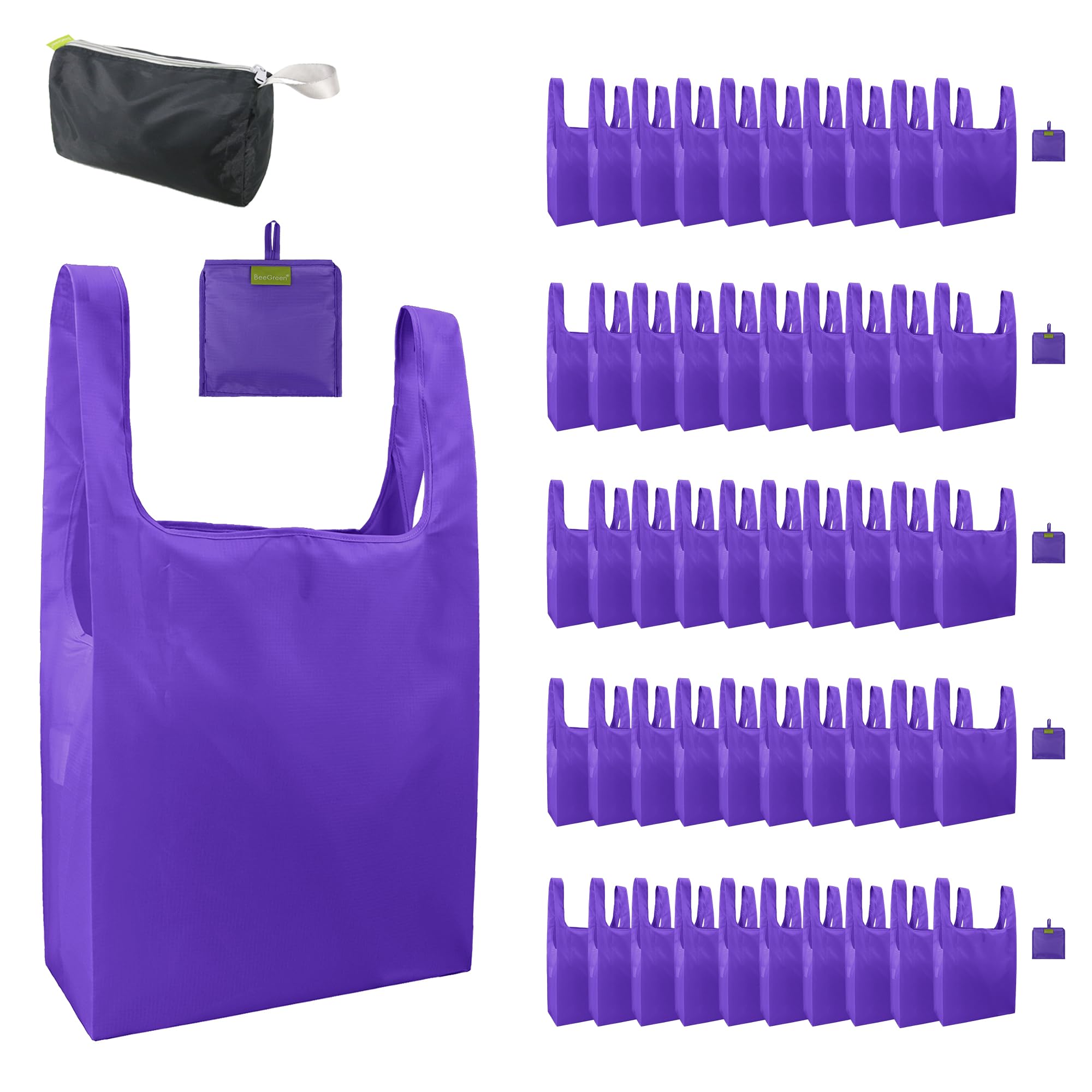 BeeGreen Purple Reusable Grocery Bags Wholesale Purple Reusable Kitchen Bags Bulk Foldable-Machine Washable with Zipper Storage Pouch 50 Packs Image