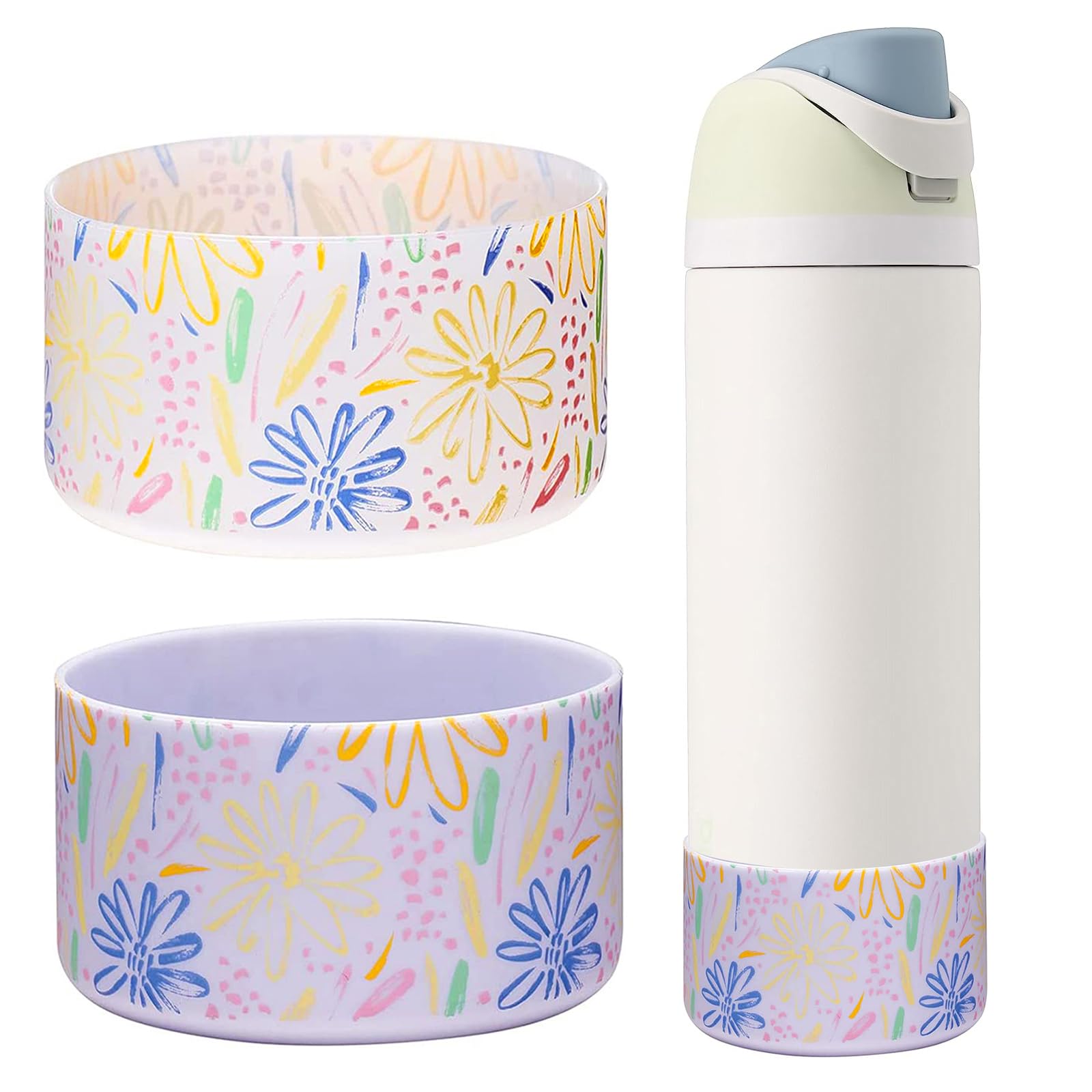 Photo 1 of WK IEASON 2Pcs Silicone Water Bottle Boot for Owala 24oz, Protective Flask Bottom Cover Base for Owala FreeSip Twist and Flip Flask Bottles (Floral print Clear/fog, 24OZ)