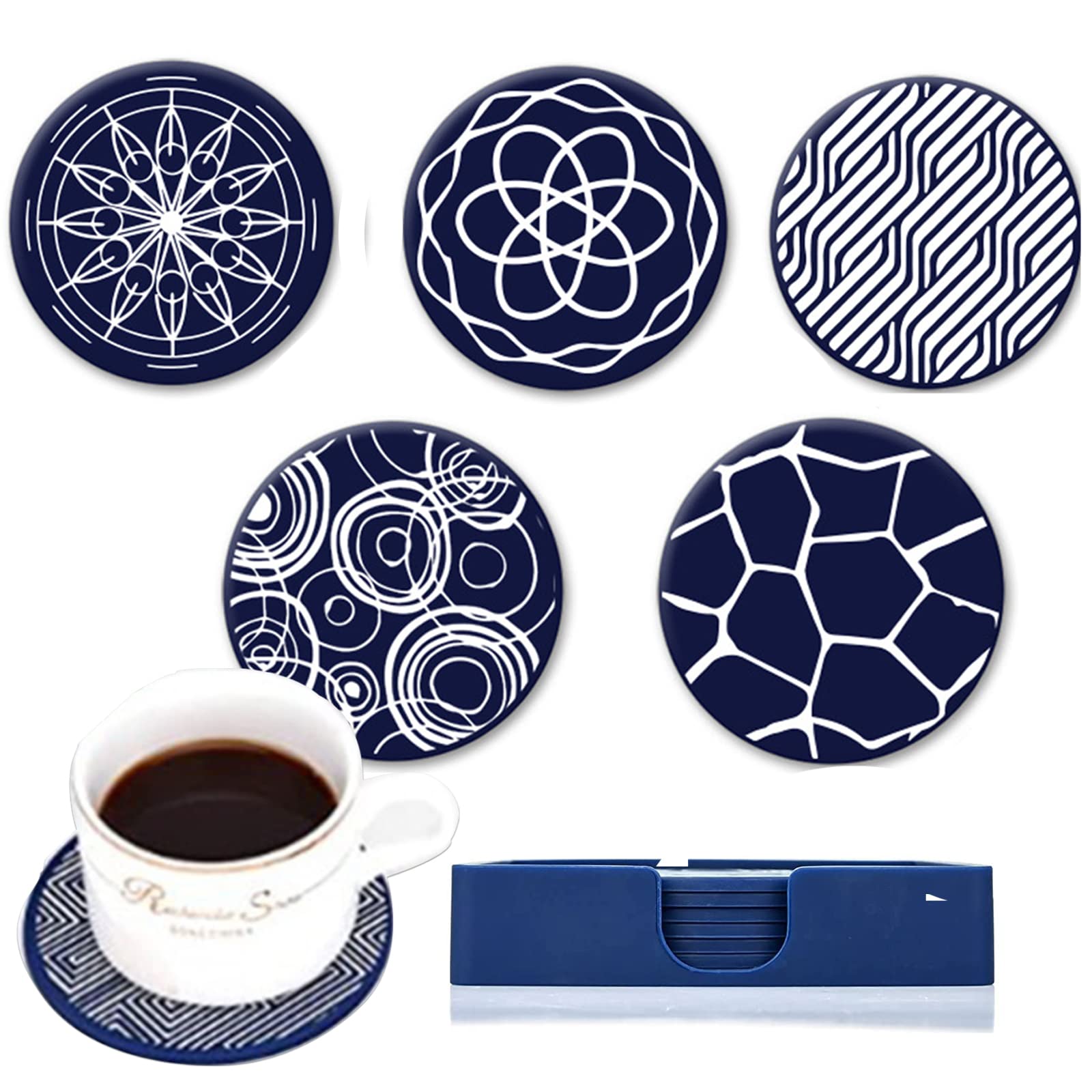 Set of 6 Silicone Drink Coasters, 10cm Round Absorbent Mats for Tabletop, Protect from Heat and Stains, for Glass, Mug, Bottle Easy Clean, Non Slip, Blue