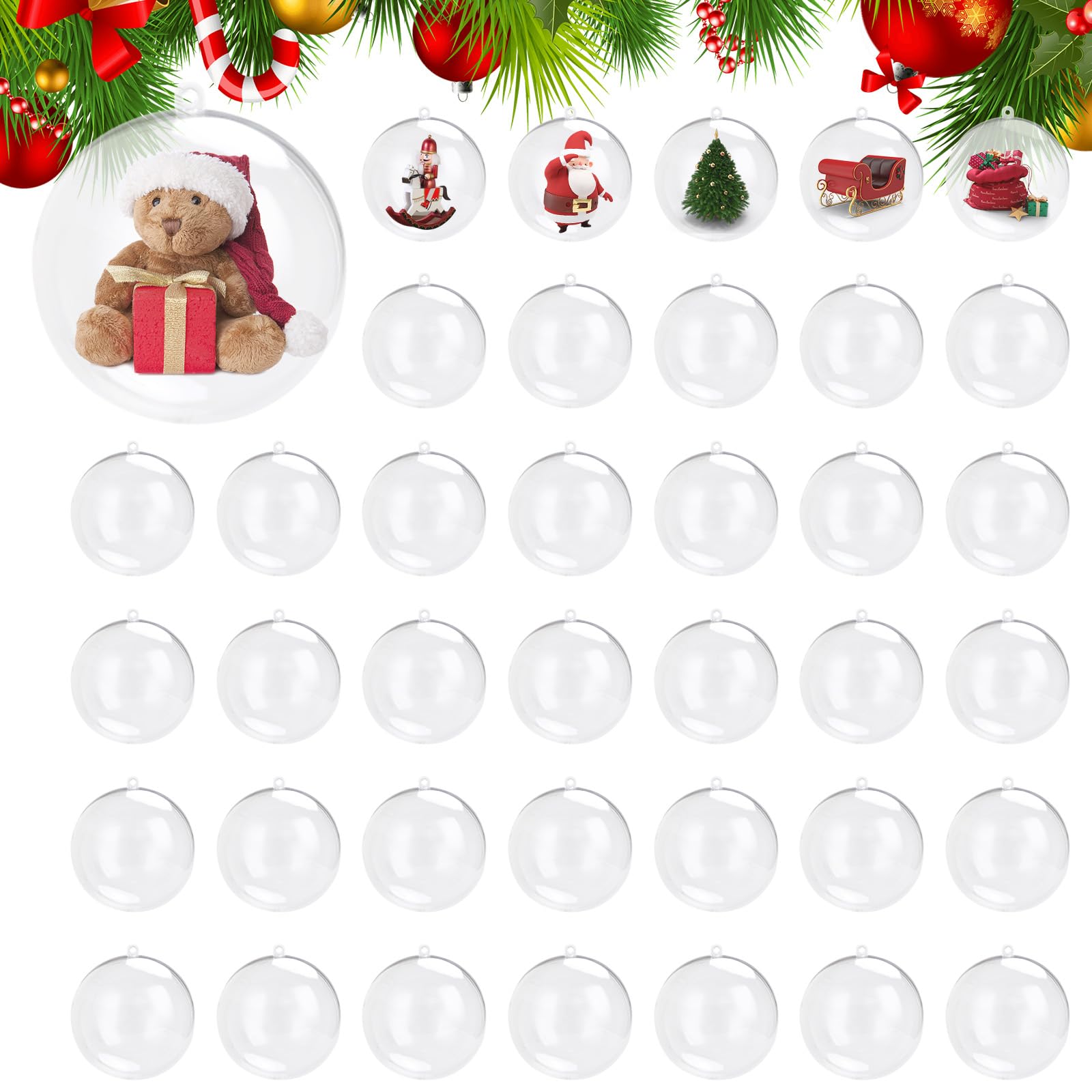 Photo 1 of Oungy 50 PCS Clear Ornament Balls Clear Plastic Ornaments for Craft Fillable Ornaments Balls 80mm(3.15'') Christmas Ornaments Ball DIY Plastic Ball for Christmas Wedding Party Home Decor