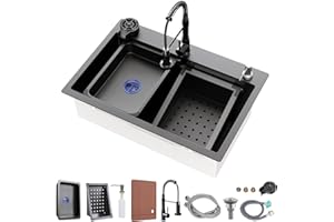 MYSIO 29.5 x 17.7 inch Kitchen Sink, Single Bowl Stainless Steel Sink Multifunctional Drop In Sink with Pull-Down Faucet and Multiple Accessories (29.52 * 17.7 inch)