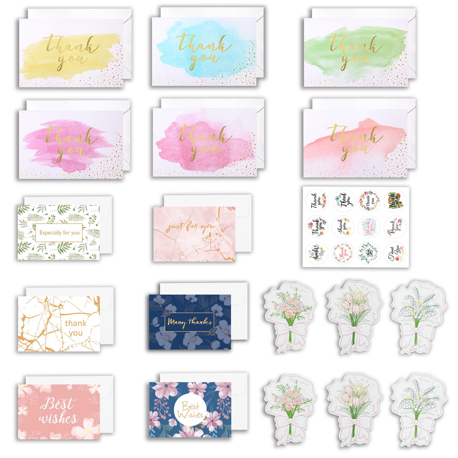 KASESSS 18 Pack Thank You Cards Multipack, Multi-Style Thank You Greeting Card, Foldable Thank You Cards with 12 Envelopes and Stickers Thank You Cards Pack for Wedding Graduation Teacher Family