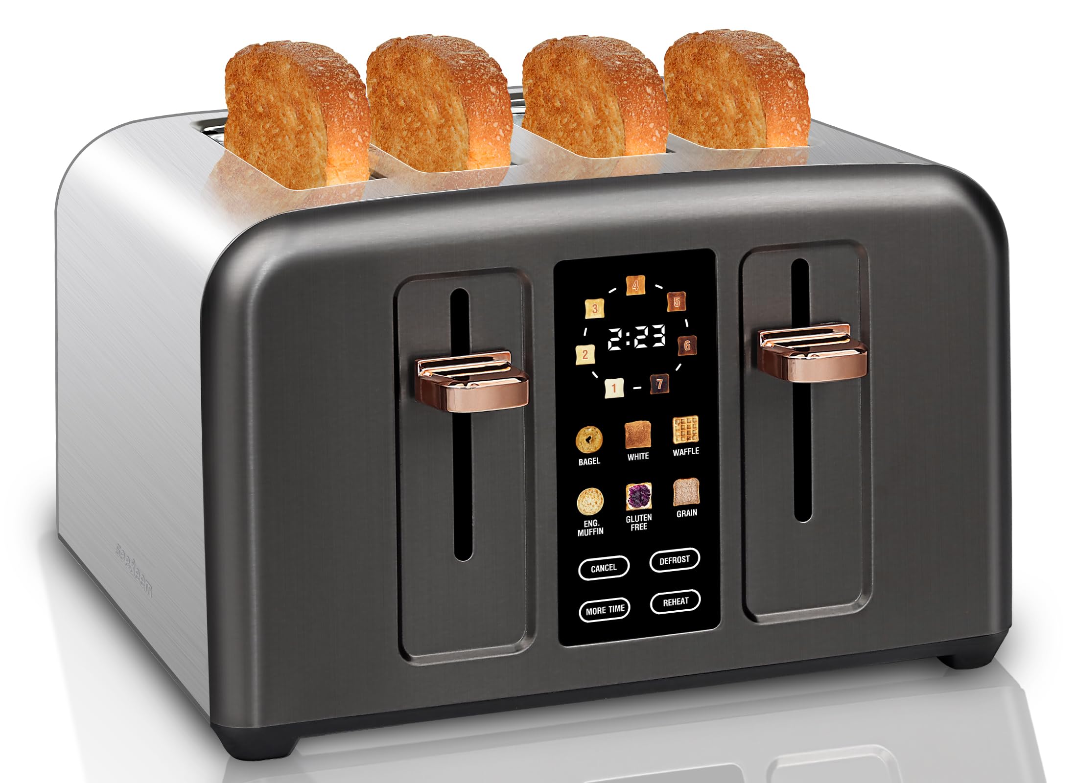 Photo 1 of SEEDEEM Toaster 4 Slice, Stainless Toaster & Touch Control, LCD Display, 6 Bread Type, 7 Shade Settings, 1.5'' Wide Slots, Cancel/Defrost/Reheat, Removable Crumb Tray, 1800W, Dark Metallic