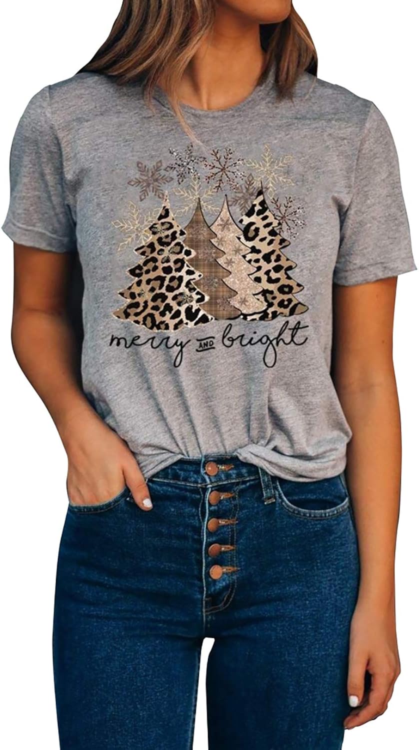 Buy Women Merry and Bright Christmas T-Shirt Leopard Print Christmas Tree Snowflake Pattern O 