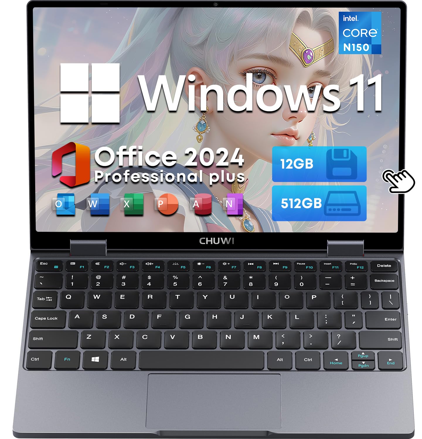CHUWI ノートパソコン Office 2024搭載 10.5インチMiniBook X N150 16G RAM+512G ROM＋1TBSSD拡張+ 360°回転 タッチスクリーン 1920*1200 16:10 IPSディスプレイ最大3.6GHz ミニ軽量薄型 ノートPC 全機能Type-C+WIFI BT5.1 WIFI6 Webカメラ 無線LANキーボードバックライト商品画像
