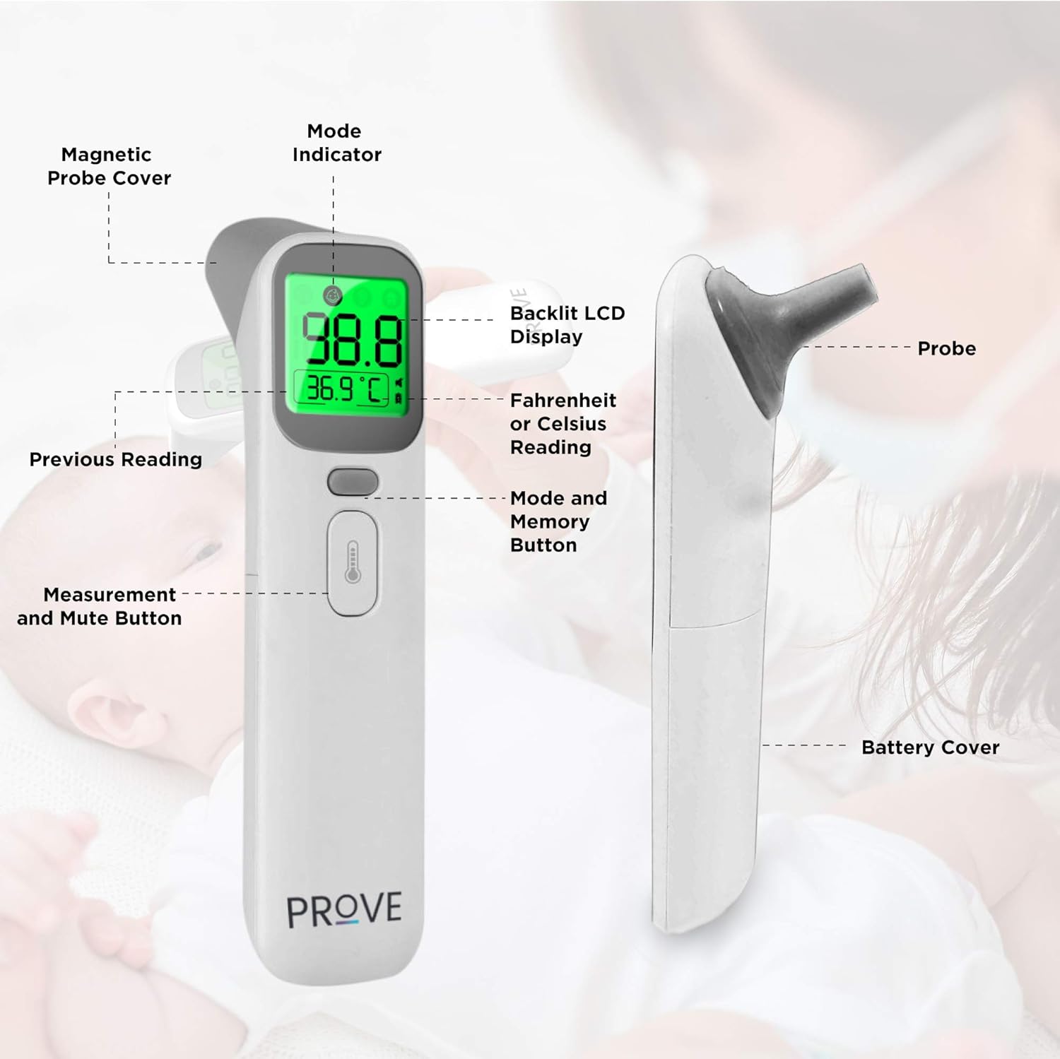 Prove Multifunction Infrared Thermometer | 4-in-1 Infrared Thermometer for Kids and Adults | Adult Forehead Mode, Child Forehead Mode, Ear Mode, and Object/Room Mode | Color Changing Fever Indicator: Health & Personal Care