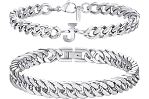 Ritach Initial Bracelets for Men Silver 2PCS Stainless Steel Cuban Chain Link Initial Bracelets for Mens Bracelet Set Letter A-Z Bracelets for Men Jewelry for Dad Husband Boyfriend 7.5/8 Inch