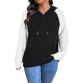 Koscacy Womens Plus Size Hoodie Sweaters Lightweight Color Block Raglan Sleeve Pullover Tops