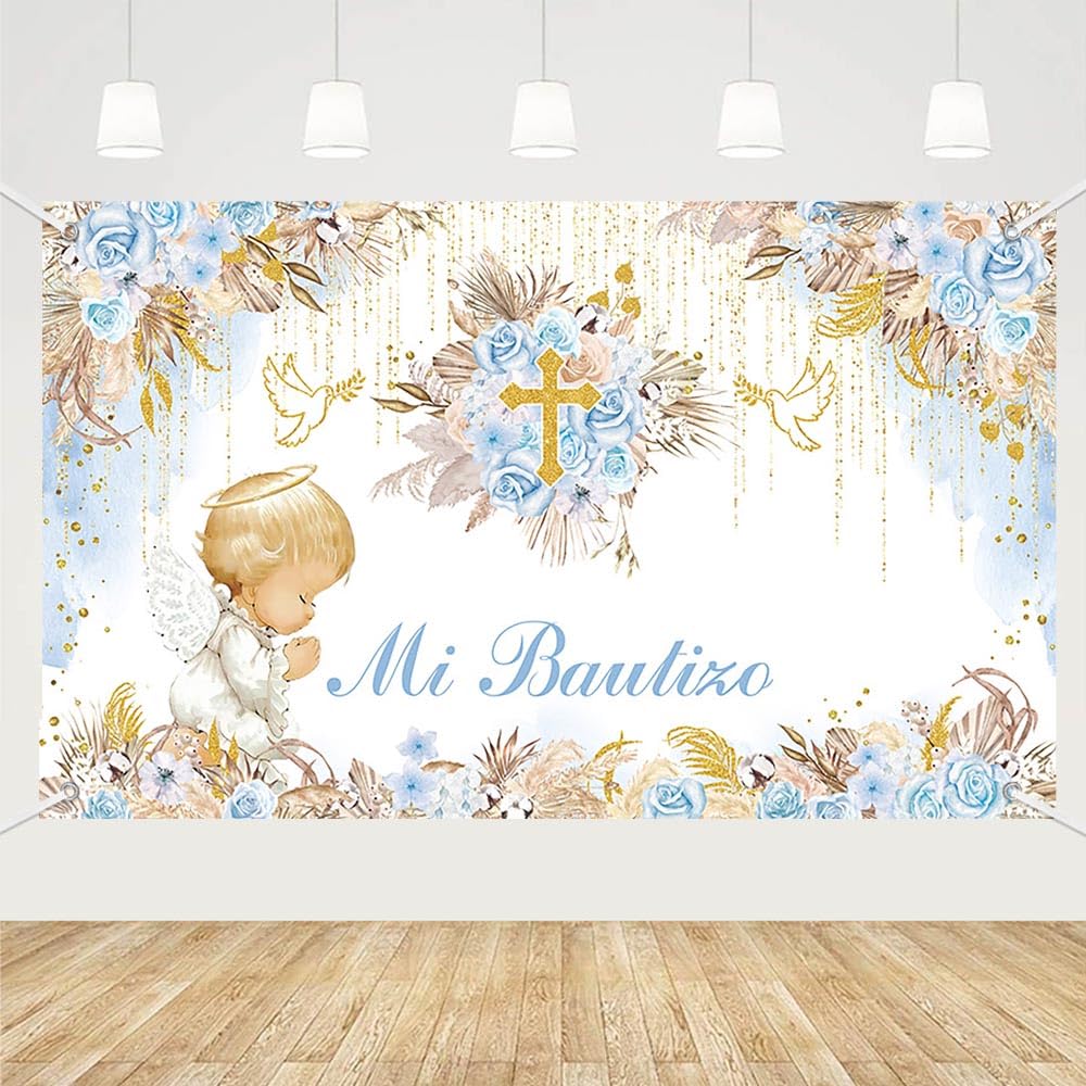 Photo 1 of MEHOFOND 6x3.6ft Mi Bautizo Backdrop Blue Floral First Holy Communion Photography Mi Primera Comunión Party Decorations Angel Baptism God Bless Cross Doves Glitter Decor Cake Smash Photo Prop