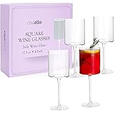 Crutello Square Wine Glasses Set of 4-17.5 oz Unique Fluted Vintage Glasses with Ribbed Texture and Long Stem - Large Modern Red or Fancy White Wine Glass Set, All Purpose