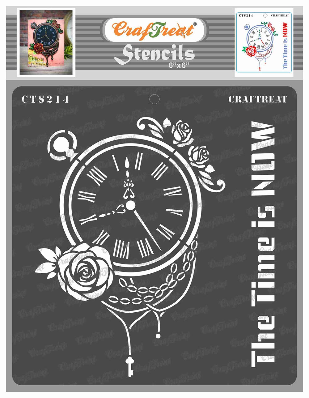 CrafTreat Reusable Clock Stencils for Painting on Wood, Canvas, Paper, Fabric, Floor, Wall and Tile - The Time is Now - 6x6 Inch - DIY Art and Craft Stencils for Home Decor - Roman Clock Stencil