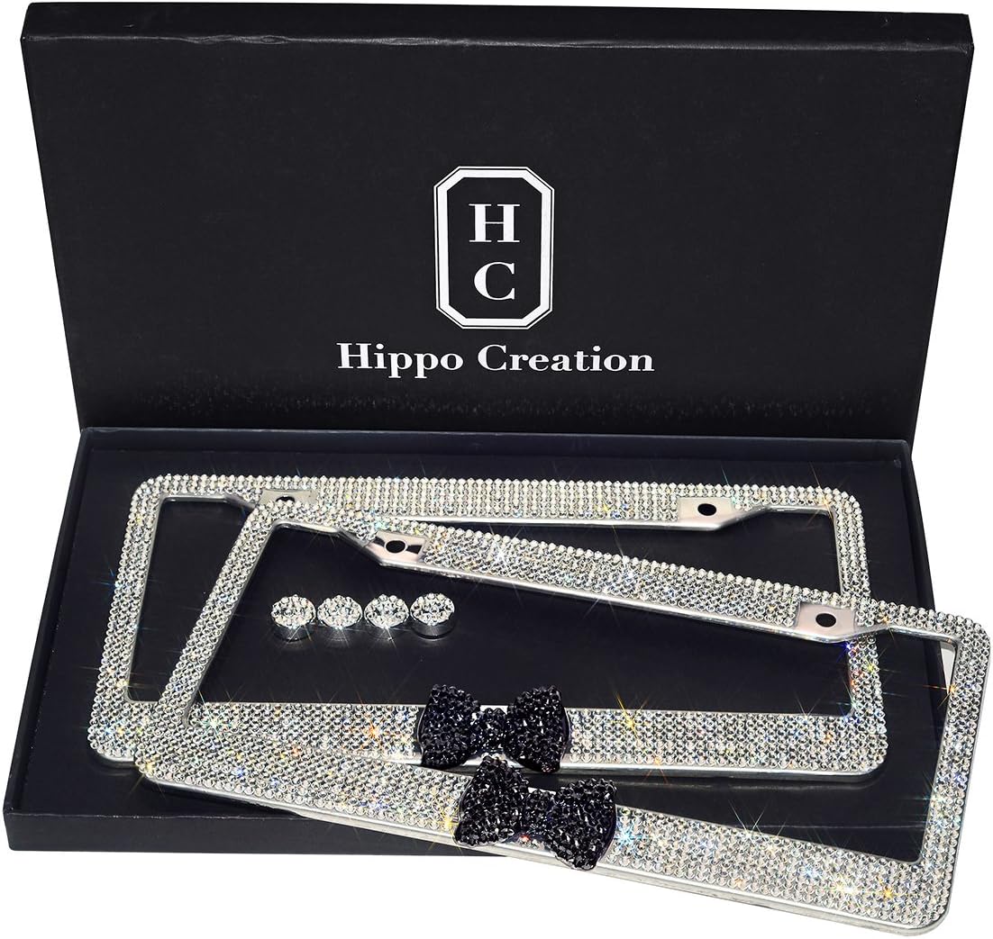 Handcrafted Bling License Plate Frames for Women, Men | 2 Pack Bedazzled Cover with Glittery Screw Caps | Stainless Steel Diamond Rhinestone License Plate Frame/Cover | Giftbox Included (Black Bow)