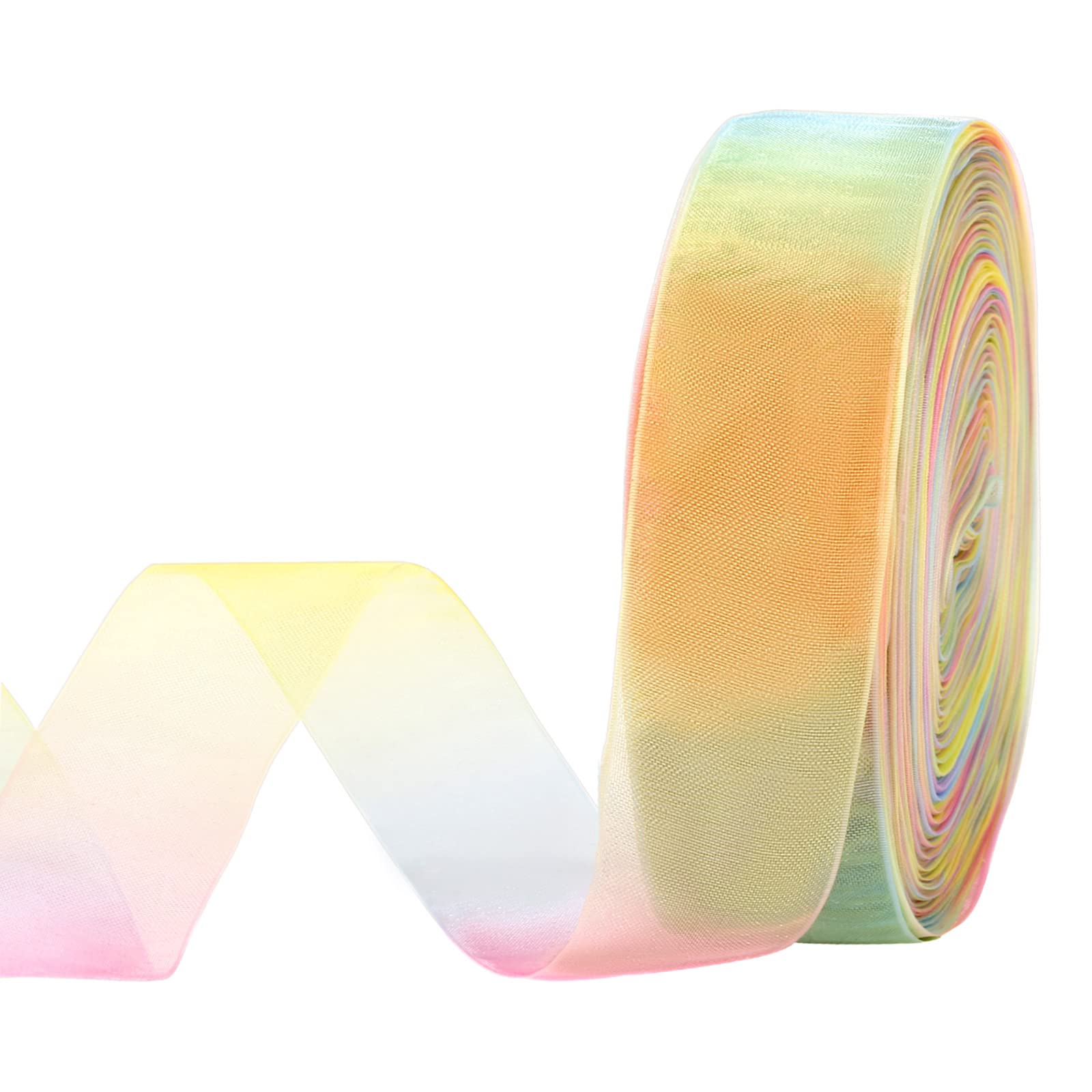 molshine 25mm x 45m/roll Sheer Organza Ribbon, Premium Quality Shimmer Ribbons, Chiffon Band (25mm(1"), Light Rainbow)