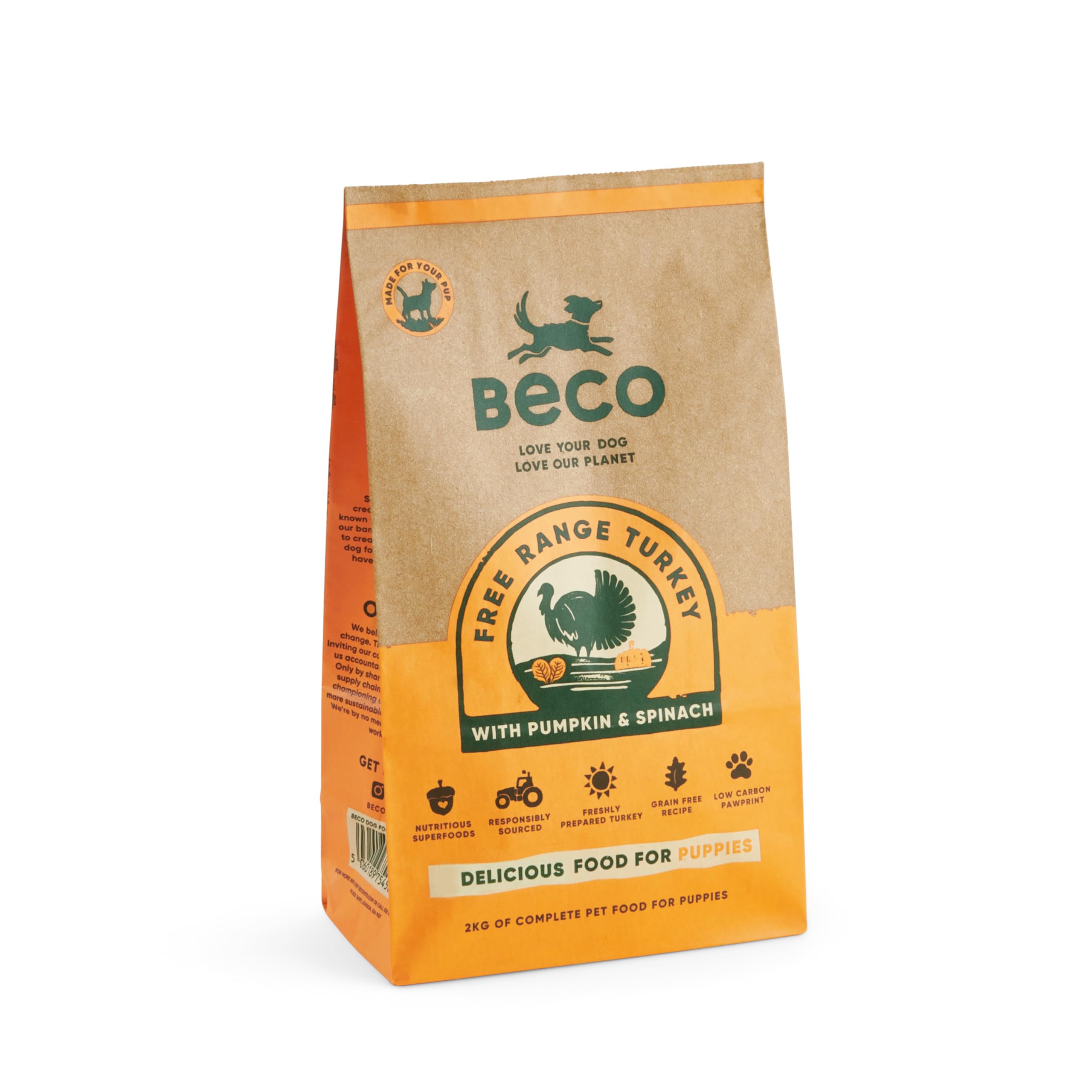 Beco Free Range Turkey with Pumpkin & Spinach - 2kg - Natural & Grain Free Complete Dry Puppy Food,Green