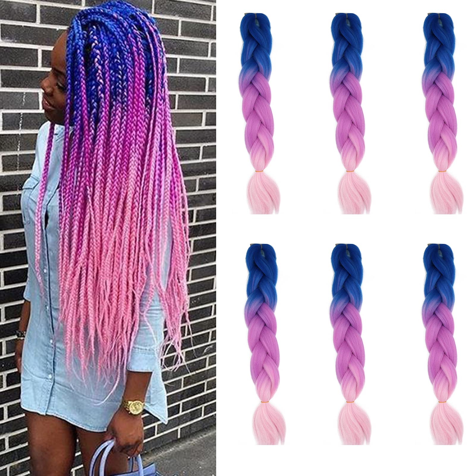 Cybelleza 6 Pcs /600g 24" Braiding Hair Extensions Jumbo Braids Synthetic Crochet Hair Afro Box Braid Heat Resistent (Blue&Purple&Pink)