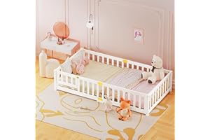 Meulbaty Twin Toddler Floor Bed, Montessori Floor Bed with Rails & Lockable Door, Twin Size Kid Beds for Toddlers 1-3 Years Old - White