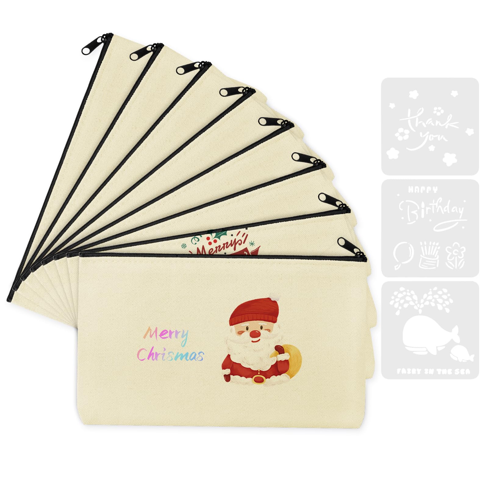 Vicloon Canvas Zipper Bag, 8Pc Canvas Pencil Pouch Bags and 3Pcs Doodle Template, Canva Makeup Bags DIY Craft Bag for Painting, School, DIY Craft, Travel, Organizer