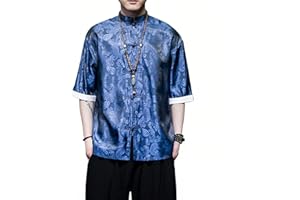 WQHANFU Men's Short Sleeve Tang Suit Shirt Chinese Traditional Ice Silk Shirts Casual for Men Kung Fu Shirt