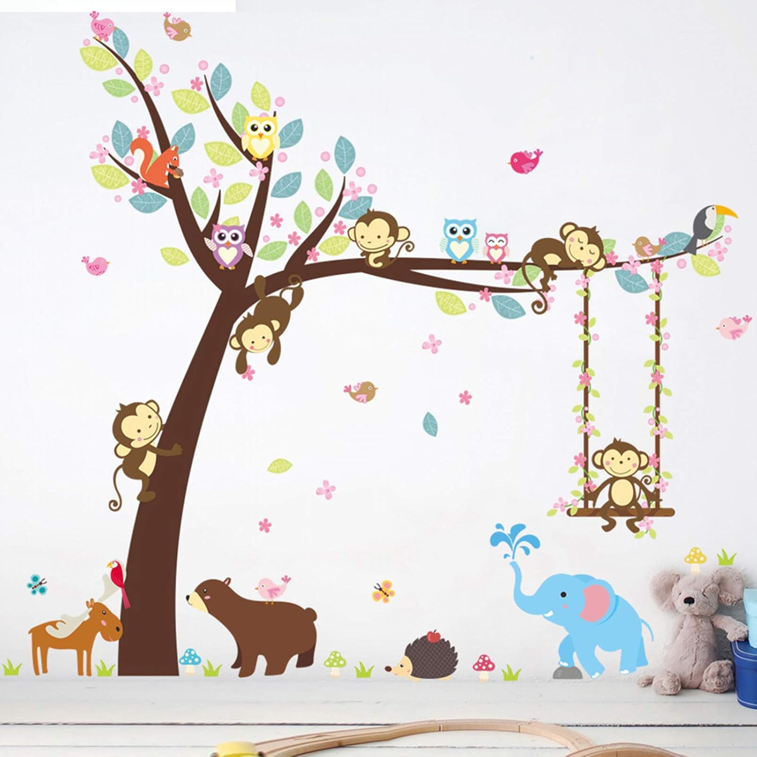 Eutecado Jungle Animal Theme Wall Decals, Cartoon Monkey Tree Owls Elephant Wall Stickers, Colorful Vinyl Wall Art Murals for Nursery Bedroom Classroom