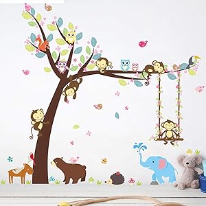Eutecado Jungle Animal Theme Wall Decals, Cartoon Monkey Tree Owls Elephant Wall Stickers, Colorful Vinyl Wall Art Murals for Nursery Bedroom Classroom