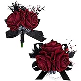 MAFELOE Corsage Boutonniere Set 2 Pieces, Artificial Rose Flowers Accessories for Prom Party Homecoming Celebration Suit Decorations- Burgundy+Black (ZZ1-E+S)