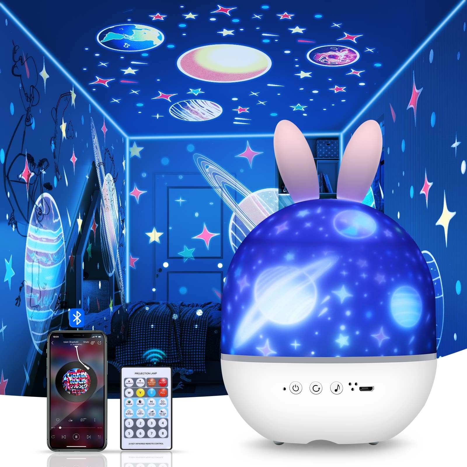 ALLOMN Night Light with 6 Films, Bluetooth Dimmable Star Projector for Kids, 360° Rotation Baby LED Music Box Night Light with Remote Control for Baby Girl Boy Gift