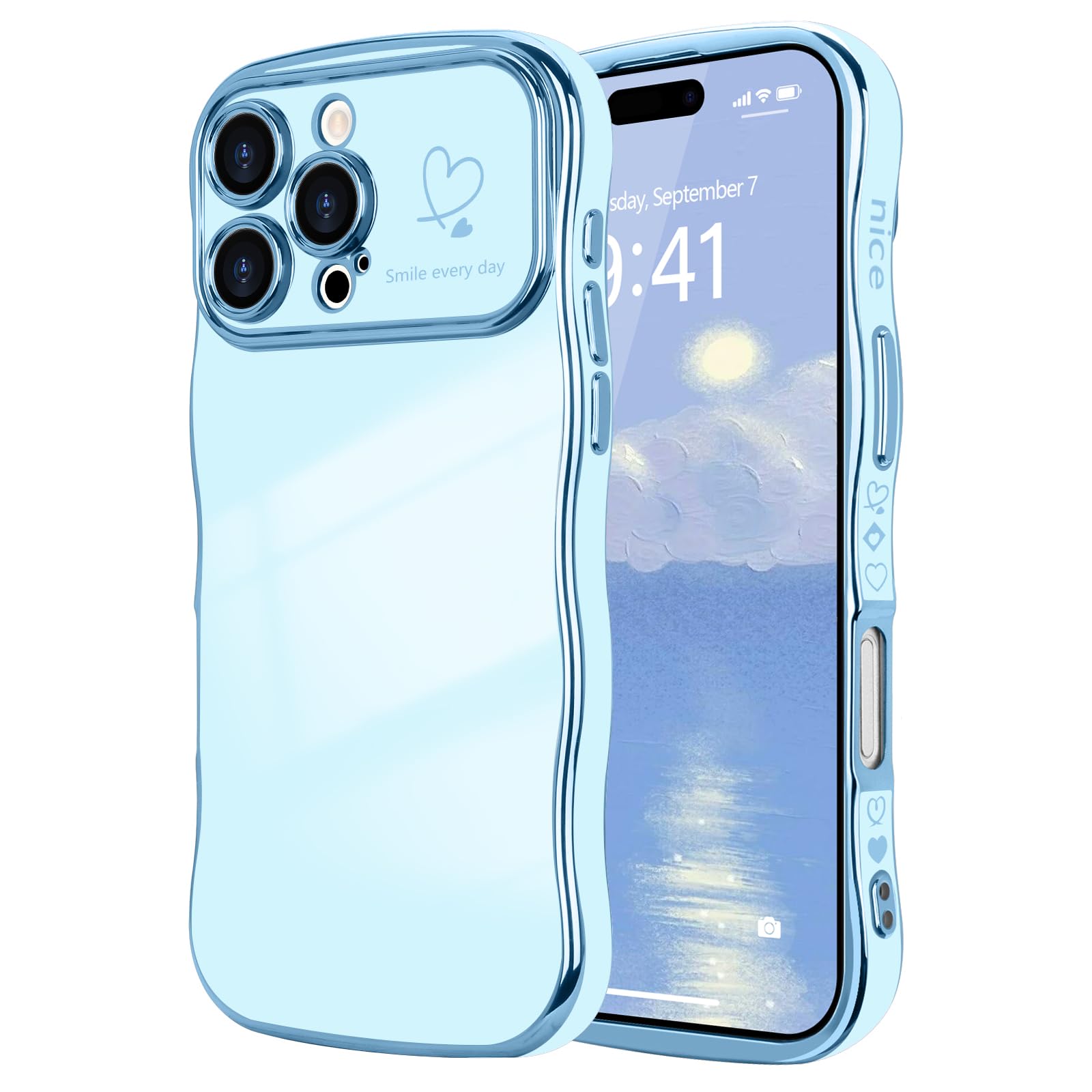 LCHULLE for iPhone 16 Pro Case for Women Girls,Cute Curly Wave Frame Shape Love Heart Pattern Phone Case,Raised Camera Protection Plating Shockproof Cover for iPhone 16 Pro 6.3",Blue