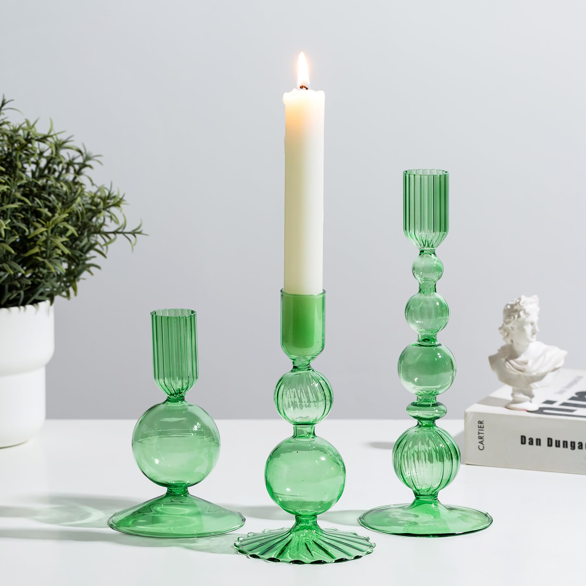 Glasseam Green Glass Candlestick Holders: Set of 3 Candle Sticks Holder Coloured Taper Candle Holder for Home Decor Bubble Candle Holders for Candlestick Candles Christmas Table Decorations
