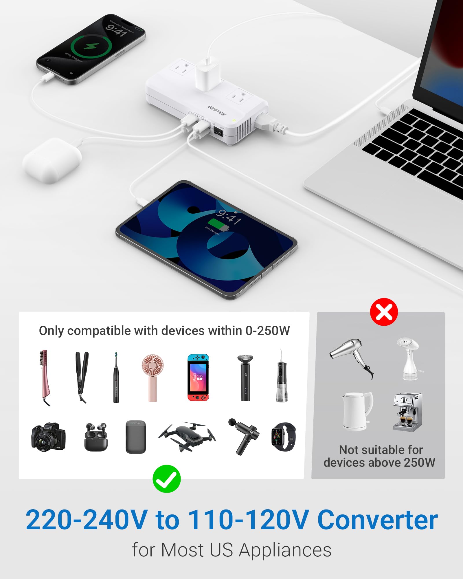 BESTEK 220v to 110v Voltage Converter, US to Europe Converter for Hair Straightener/Curling Iron, Power Converter for European Travel, (EU/UK/AU/JP/India/South Africa Universal Plug Adapter)