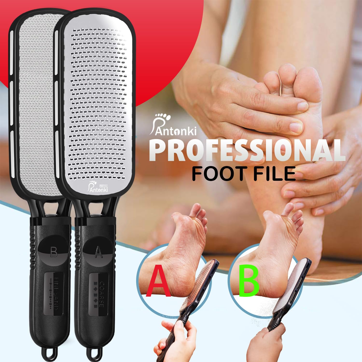 Antonki Foot File for Dead Skin, Double Sided Callus Remover for Feet, Metal Foot Scrubber for Cracked Heel, Professional Foot Scraper Rasp Pedicure Tool to Remove Hard Skin - 2 in 1 Foot File