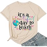 It’s a Beautiful Day for Learning T-Shirt for Women Teacher Life Shirts Gifts Reading Book Lover Casual Short Sleeve Top Tees