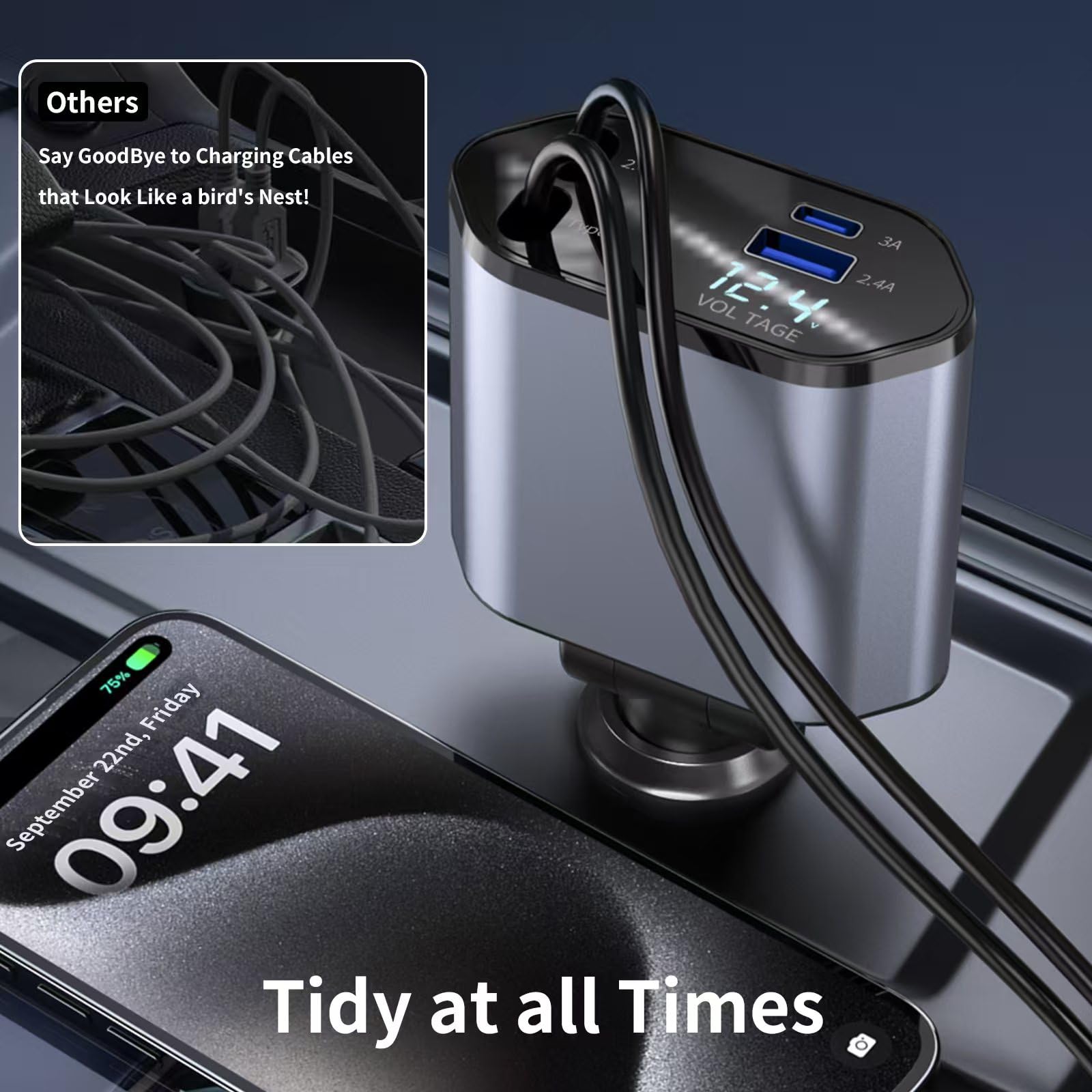 YAOKEEP 120W Fast Charging Retractable Car Charger 4 in 1. 180°Rotation Car Phone Charger with 31.5