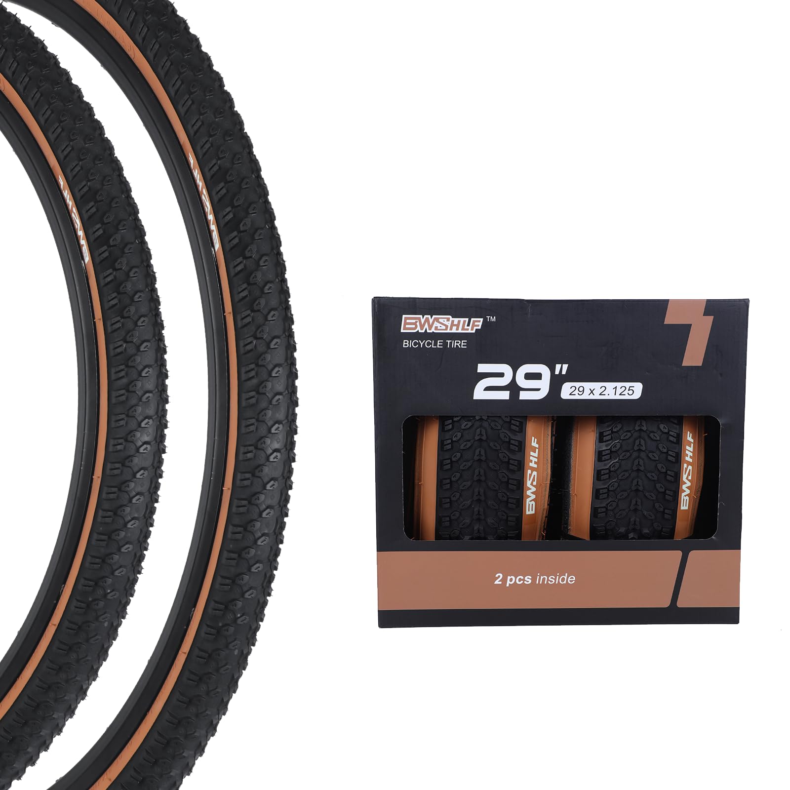 Photo 1 of BWSHLF 29inch Mountain Bike Tires, 29 x 2.125 Inch, 2 Pack Replacement Black Folding MTB Bicycle Tire, Brown Sidewall