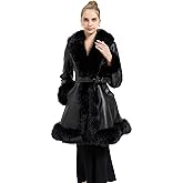 GRAN ORIENTE Women's Faux Leather Jacket with Faux Fur Collar, Winter Long Sleeve Furry Trim Peplum Parka Coat with Belt
