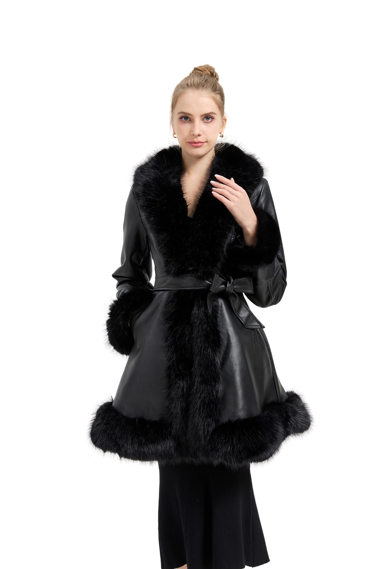 GRAN ORIENTE Women's Faux Leather Long Trench Jacket with Faux Fur Collar, Winter Warm Lined Trim Parka Coat with Belt (GK166 Black L) Image
