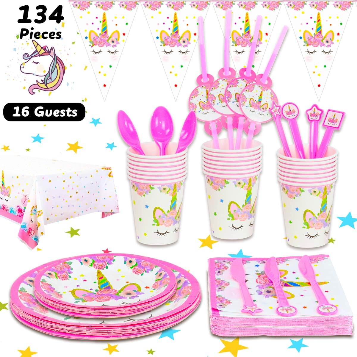 Qfun 134 Pieces Unicorn Party Supplies Birthday Decorations Girls Disposable Paper Plates Cups Napkins Banner Tablecloth Party Tableware Serve 16 People