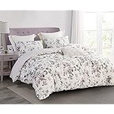 SLEEPBELLA Comforter King Size, 600 Thread Count Cotton White Print with Purple Flowers Reversible Comforter Sets, Down Alternative Bedding Set 3Pcs(King, Purple Floral)