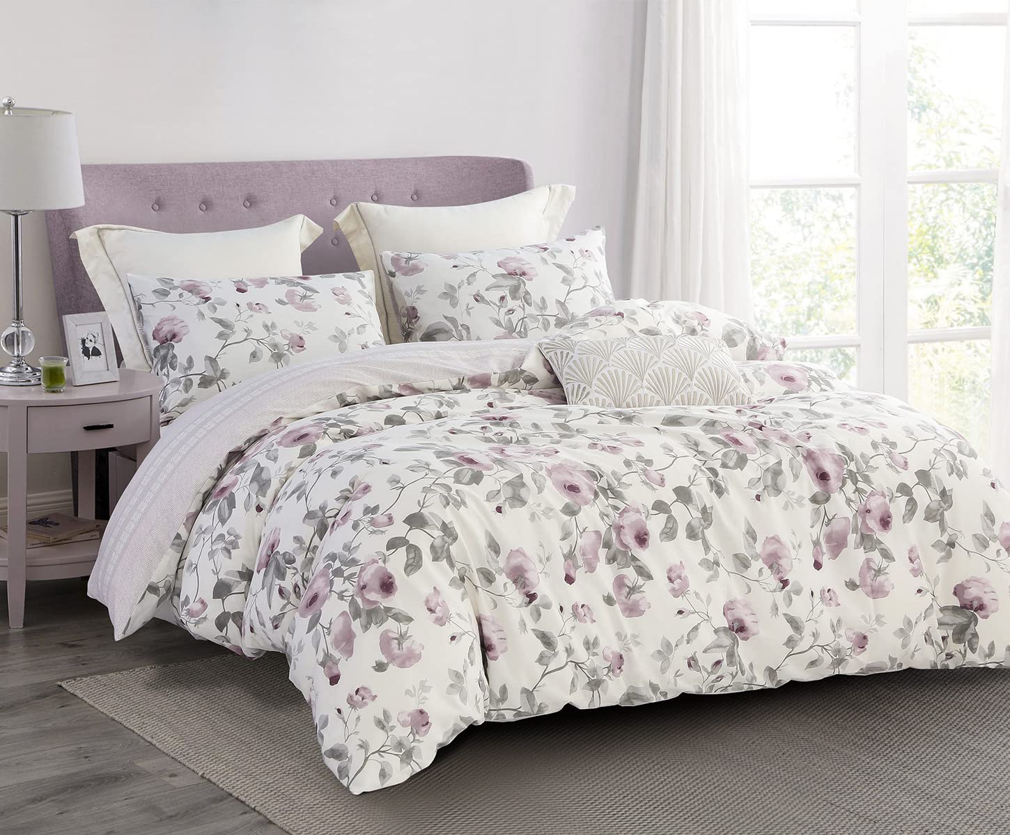 Photo 1 of SLEEPBELLA Comforter Twin Size, 600 Thread Count Cotton White Print with Purple Flowers Reversible Comforter Sets, Down Alternative Bedding Set 2Pcs(Twin, Purple Floral)