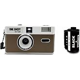 1 Shot Point and Shoot 35mm Film Camera, Reusable Retro Half Frame Camera, Built in Flash, Included One Roll ASA/ISO 400 Black &amp; White Film 18 Exp., (36 Shots) Battery Not Included (Brown Color)