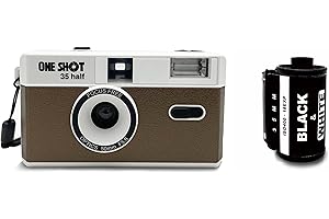 1 Shot Point and Shoot 35mm Film Camera, Reusable Retro Half Frame Camera, Built in Flash, Included One Roll ASA/ISO 400 Black & White Film 18 Exp., (36 Shots) Battery Not Included (Brown Color)