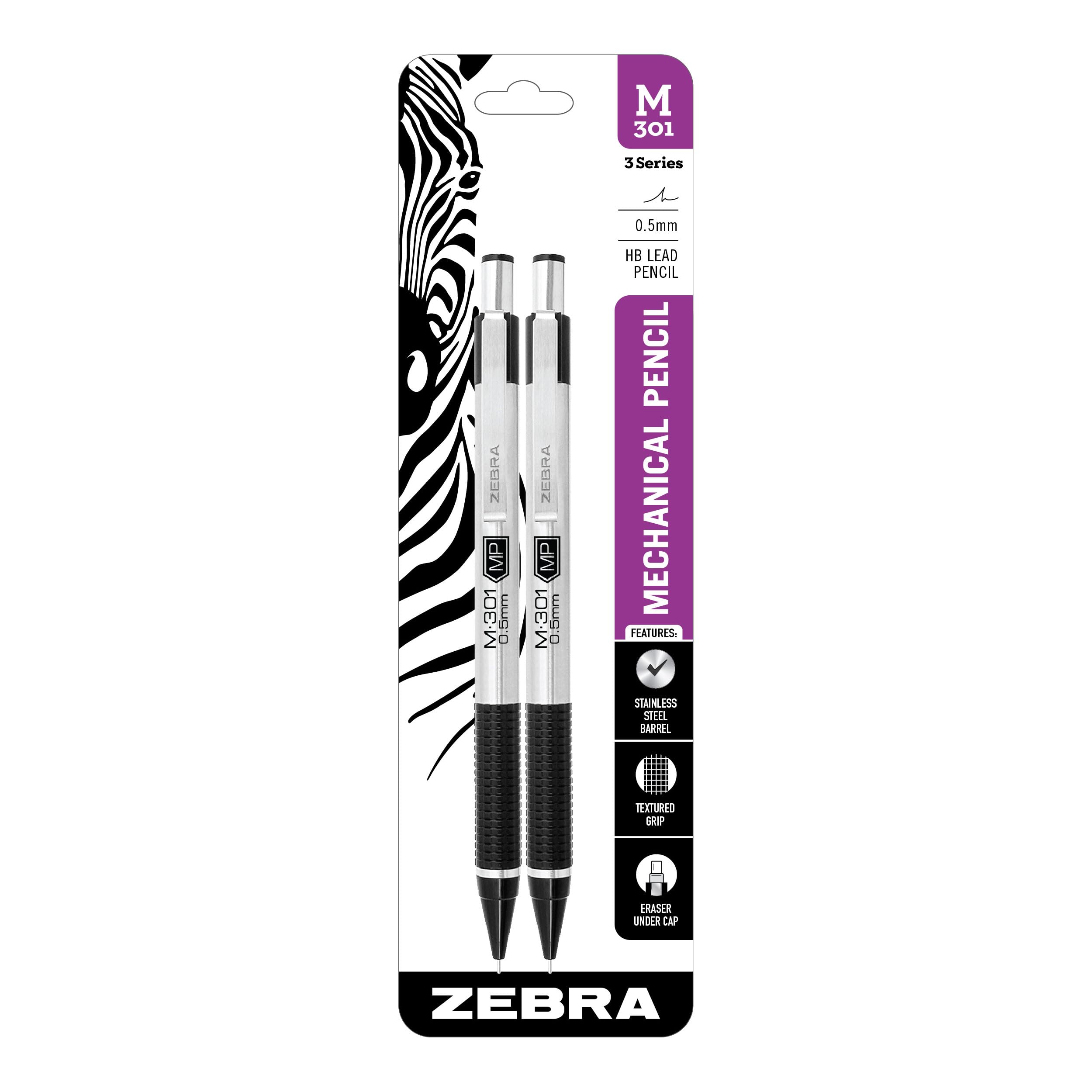 Zebra Pen M-301 Mechanical Pencil, Stainless Steel Barrel, Fine Point, 0.5mm, Black Grip, 2 Count (Pack of 1)