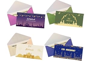 ONMLKKD 20 Eid Mubarak Envelopes 4 Styles Eidi Envelopes for Cash for Kids for Eid Al-Fitr or Eid Al-Adha 6.3" x 3.1"