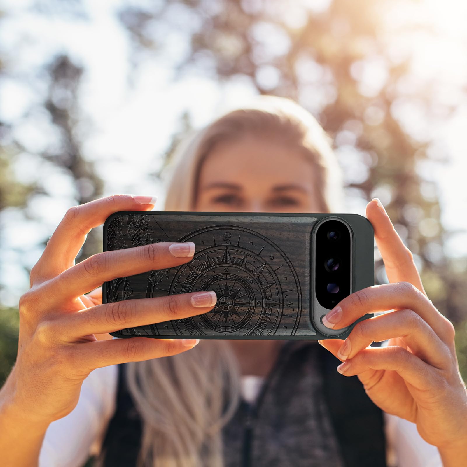 Carveit Holz Cover für Pixel 10 Pro XL hülle, Handyhülle kompatibel MagSafe Silikon Stoßfeste Case, Magnetisch Hull für Google Pixel 10 Pro XL Handyhulle（Dunklesholz-Der Kompass vor Kanagawa Waves） 7