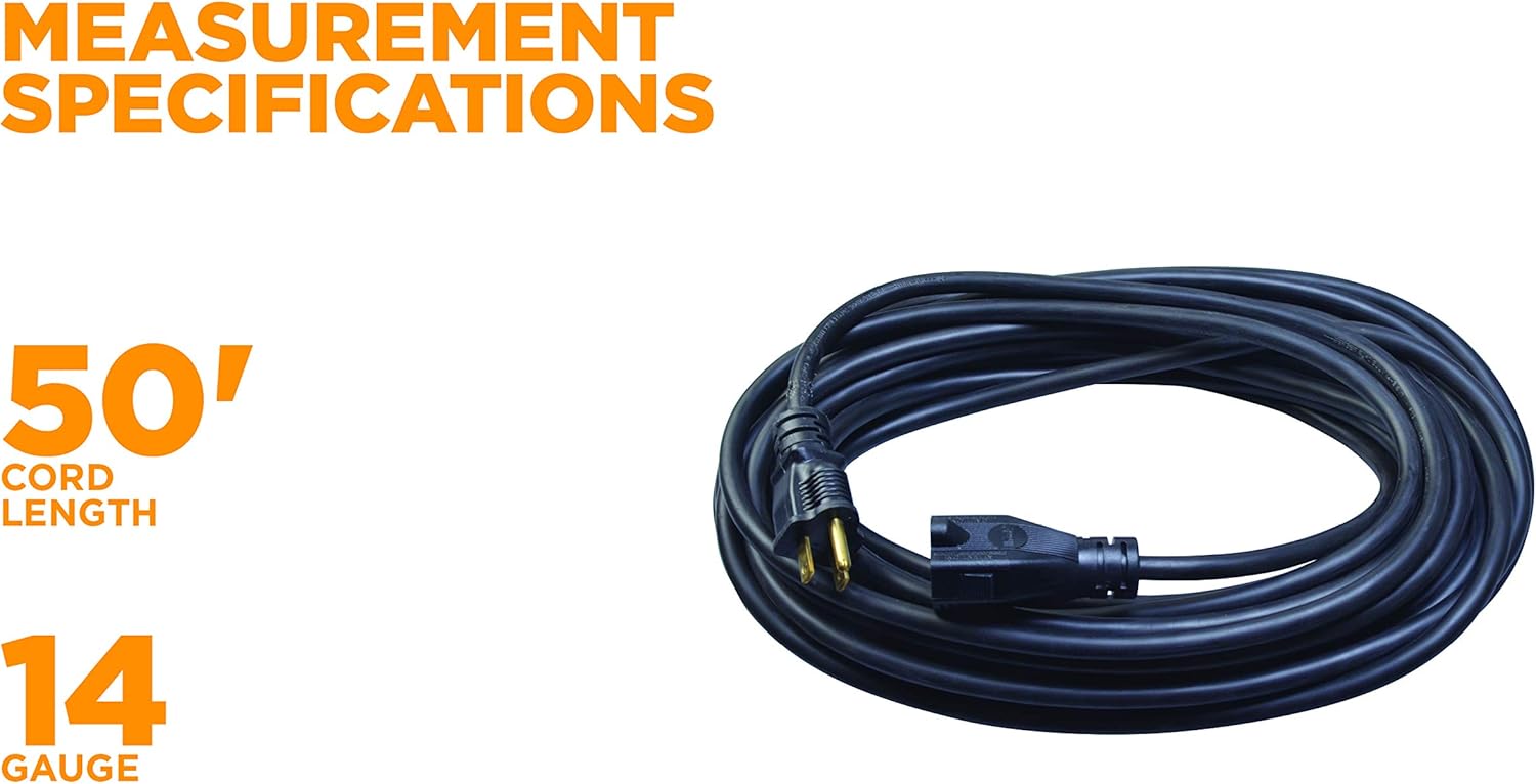 Woods 982452 50-Foot SJTOW Agricultural Outdoor Heavy Duty All- Weather Extension Cord, Oil Resistant Vinyl Jacket, Versatile Use, Powerful 15 Amps, 125 Volts, 1, 875 Watt Extension Cord, Black - Outdoor Extension Cords - 
