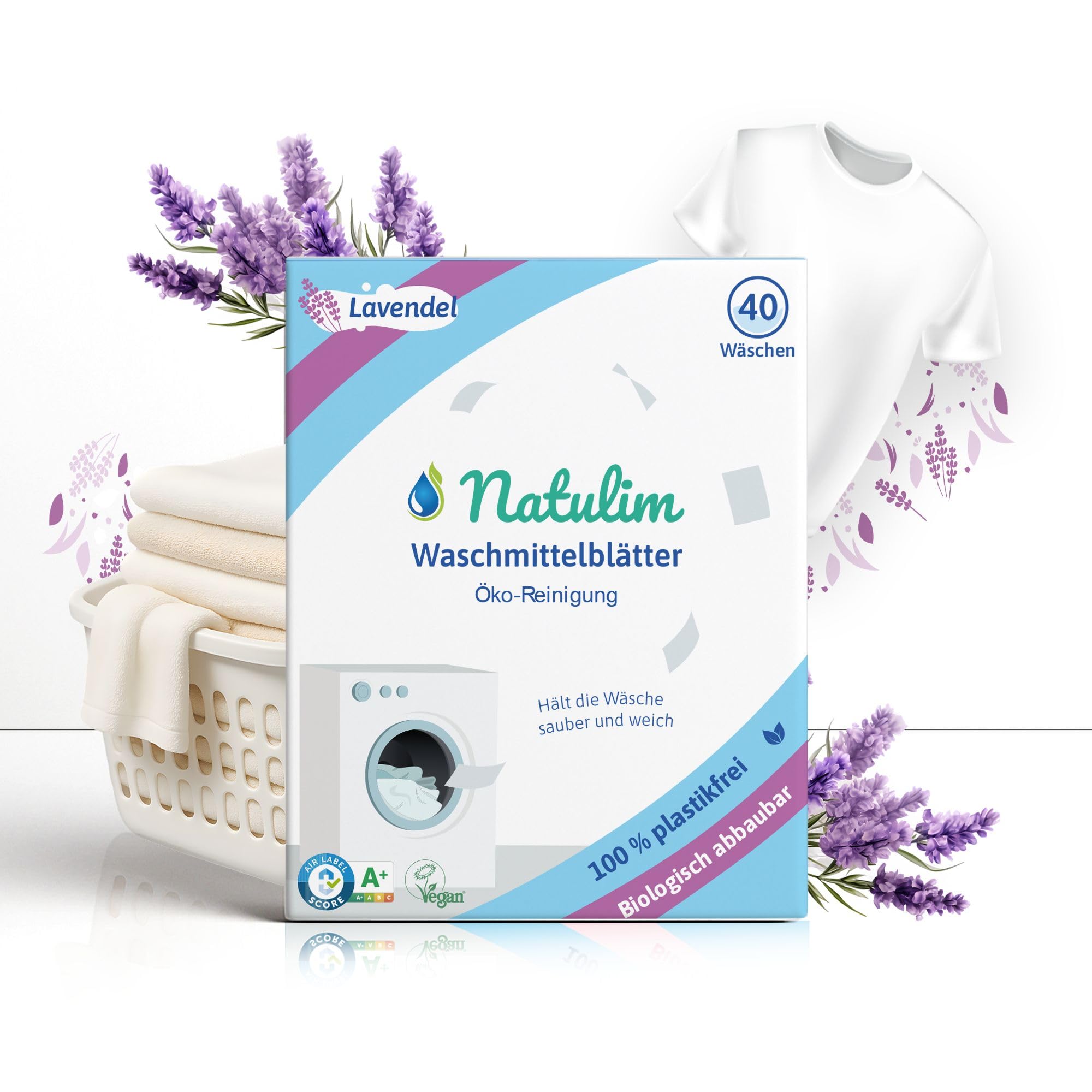 Natulim Waschmittel Blätter - Waschblätter für die Waschmaschine, Waschtücher für 40 Waschgänge - nachhaltige Waschstreifen ohne Plastik biologisch abbaubare Waschpapier Made in EU (Lavendel)