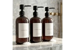 Stylish Shampoo and Conditioner Dispenser Set of 3 - Modern 21oz Shower Soap PET Bottles with Pump and Labels - Easy to Refil