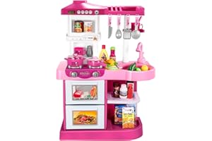 TEMI Play Kitchen Playset Pretend Food - 53 Pieces Pink Kitchen Toys for Toddlers, Toy Accessories Toddler Set with Sound and Light, Toddler Outdoor Playset for Kids, Girls and Boys